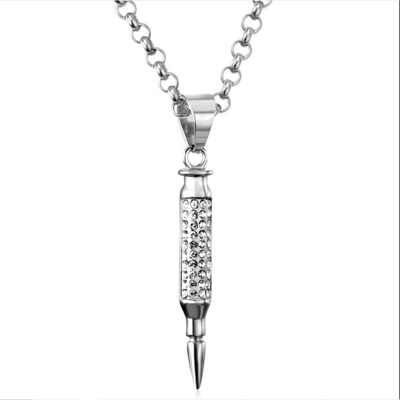 Jewelry - Rolo Chain Silvertone Bullet Pendant Necklace With Diamond Look CZ  Crystals
